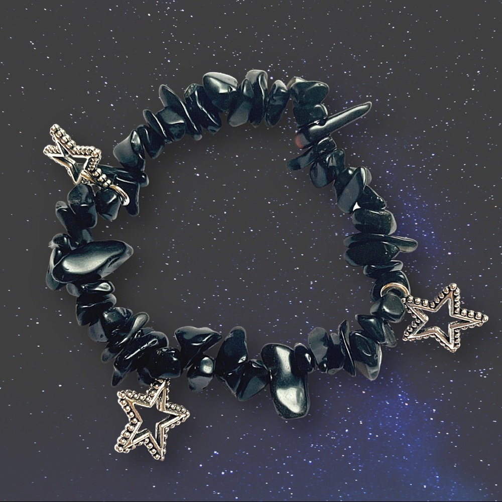 ⭐️ Gemstone Black Obsidian Stars Chip Stretch Bracelet